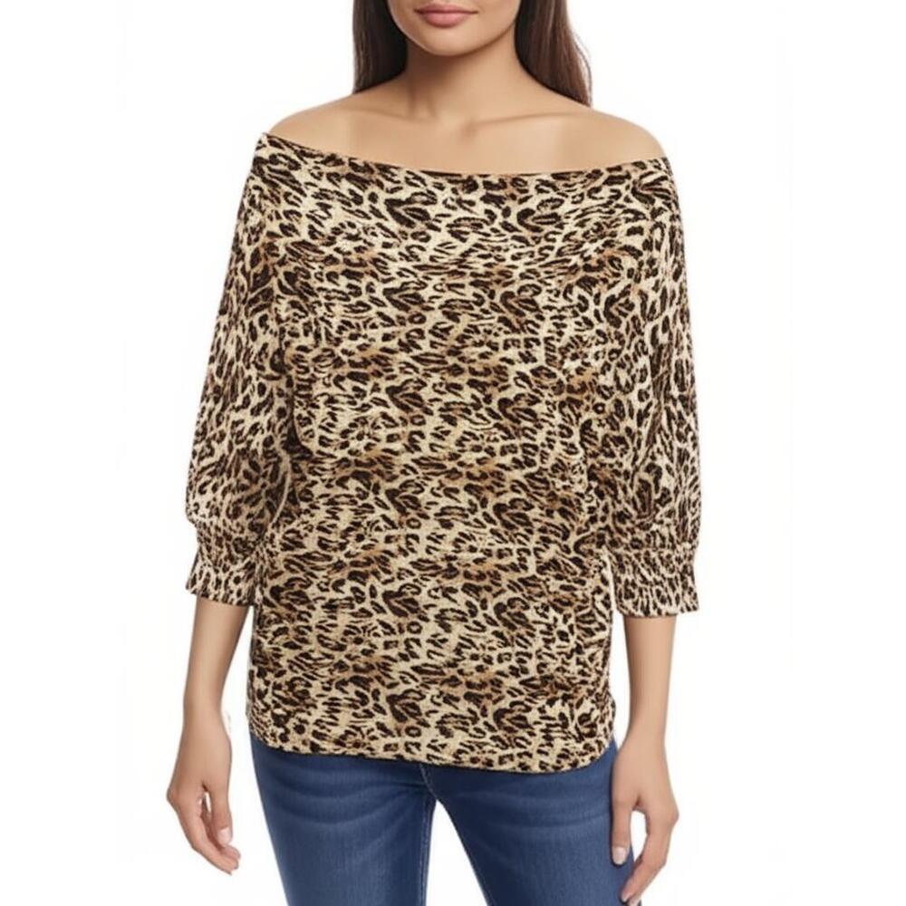 TCEC Sweater Womens Size S Leopard Print Boat Neck Flowy Boho Chic‎